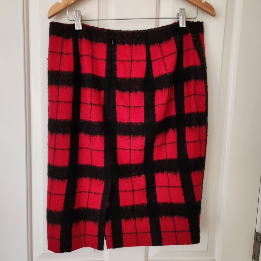 Wool Blend Pencil Skirt Buffalo Plaid Red Black Check Academia Preppy Size 10 - Picture 3 of 12